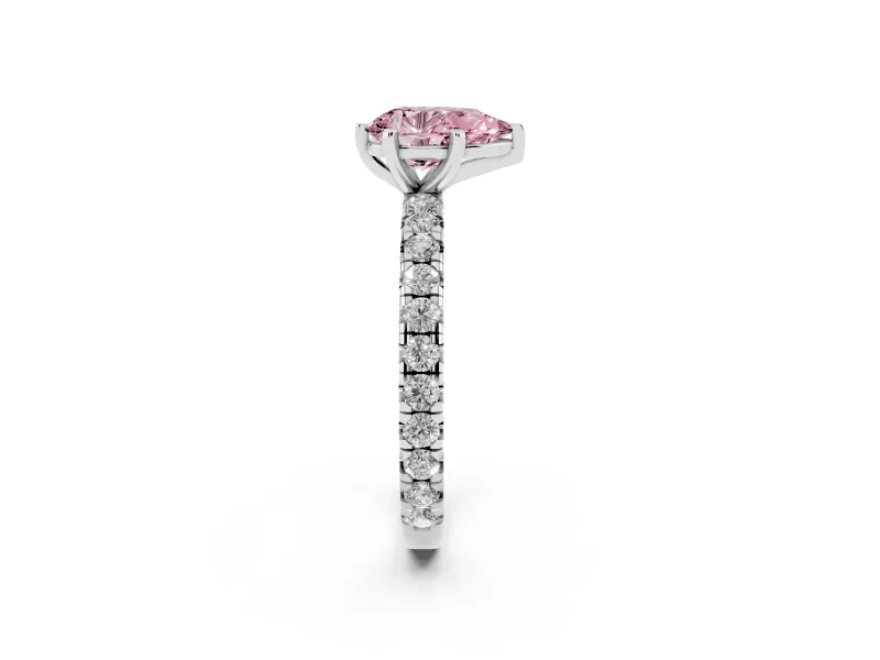 Fancy Pink Pear Cut Diamond Pavé Solitaire Ring Set in Platinum with Round Band and Prong Setting