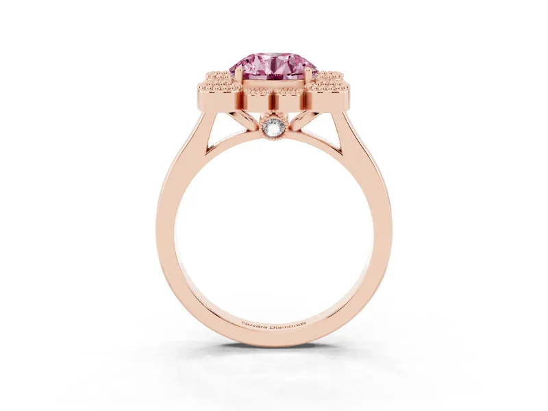 Round Milgrain Cluster Halo Engagement Ring Setting for a Fancy Pink Lab-Grown Diamond | Plain Band | Rose Gold