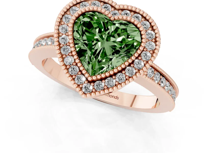 Heart-Shaped Milgrain Halo Engagement Ring Setting for a Fancy Green Lab-Grown Diamond | Rose Gold
