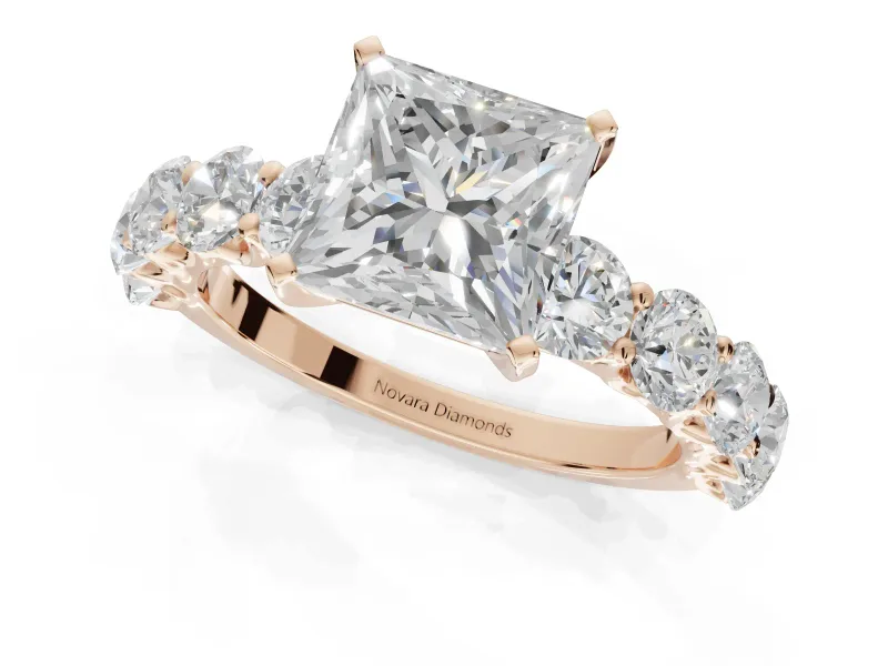 Princess Cut Side Stone Engagement Ring Setting | Scalloped Prong Accents | Rose Gold
