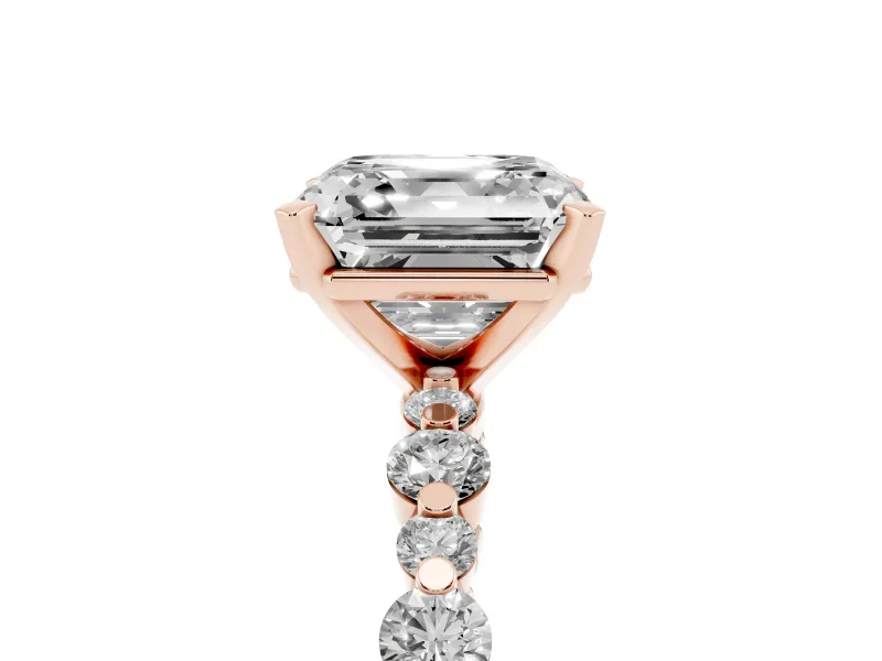 Asscher Cut Diamond Prong Set Engagement Ring Set in Rose gold with Round Accent Pavé Band
