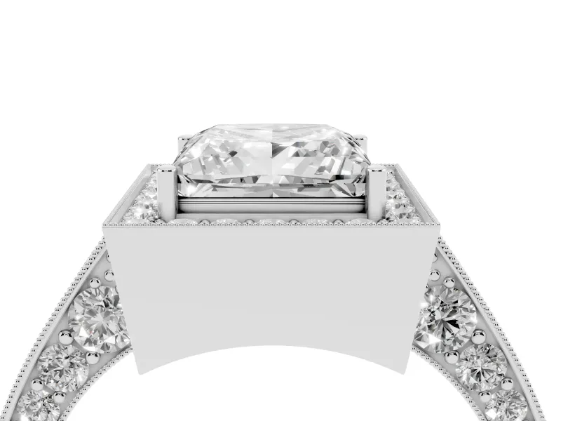 Princess Cut Vintage Milgrain Halo Engagement Ring Setting | Side Stones and Pave | Platinum