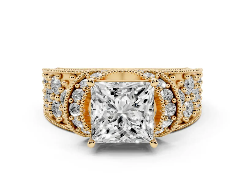 Princess Cut Diamond Milgrain Halo Pavé Engagement Ring Set in Yellow gold with Prong Setting