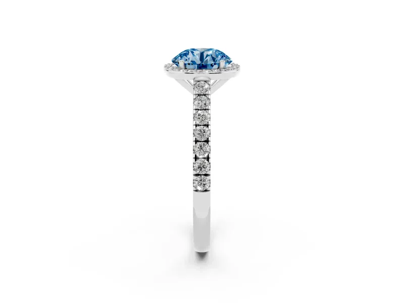 Round Halo Pavé Engagement Ring Setting for a Fancy Blue Lab-Grown Diamond | Platinum