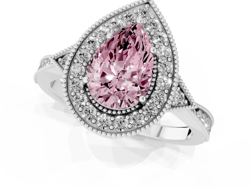 Fancy Pink Pear Cut Diamond Halo Engagement Ring Set in White gold with Milgrain Pavé Band