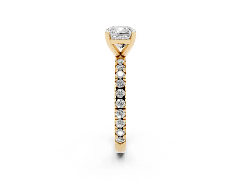 Cushion Cut Diamond Pavé Band Solitaire Set in Yellow gold with Prong Setting