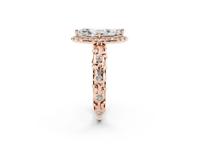 Marquise Filigree Leaf Halo Engagement Ring Setting | Bezel Leaf Accents | Rose Gold