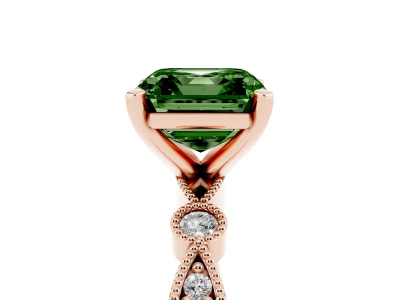 Fancy Green Asscher Cut Diamond Solitaire Engagement Ring Set in Rose gold with Milgrain Bezel Accent Band