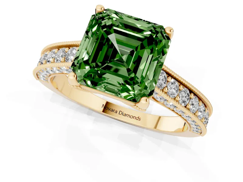 Asscher Cut Hidden Halo Engagement Ring Setting for a Fancy Green Lab-Grown Diamond | Milgrain Pave | Yellow Gold