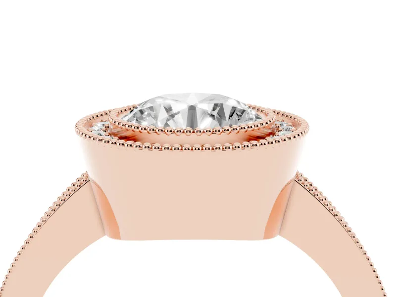 Round Cut Diamond Halo Engagement Ring Set in Rose gold with Pavé Band and Round Halo Stones