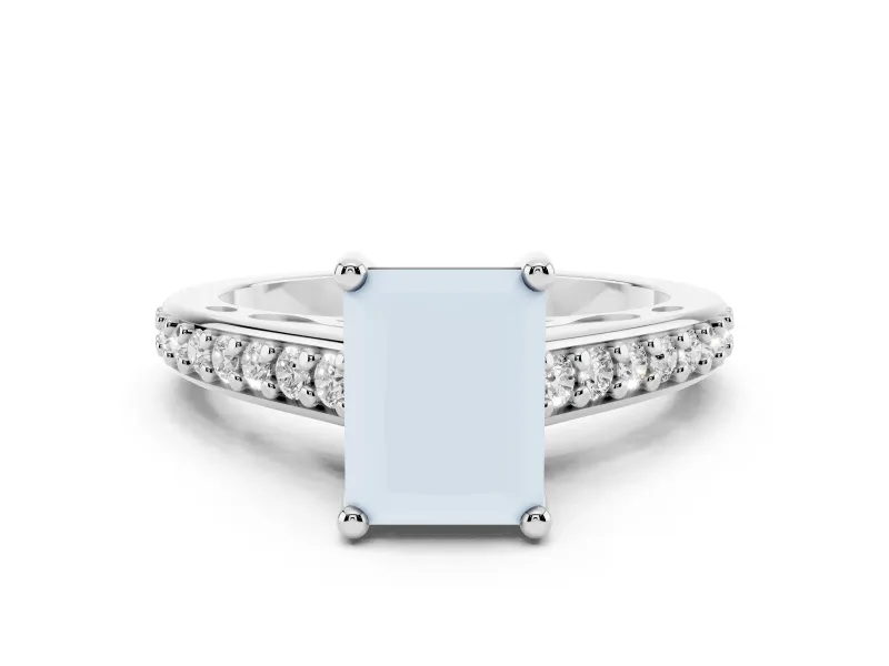 Radiant Cut Diamond Prong Set Solitaire Engagement Ring Set in White gold with Pavé Band