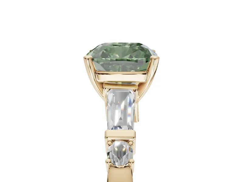 Cushion Cut Tapered Baguette Engagement Ring Setting for a Fancy Green Lab-Grown Diamond | Bar Set Sides | Yellow Gold