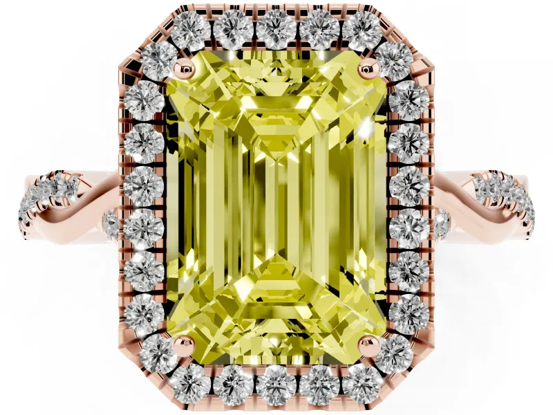 Emerald Cut Twist Halo Engagement Ring Setting for a Fancy Yellow Lab-Grown Diamond | Rose Gold