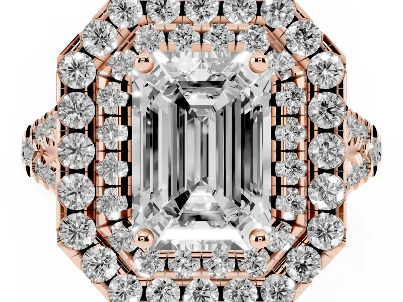 Emerald Cut Halo Split Shank Engagement Ring Setting | Rose Gold