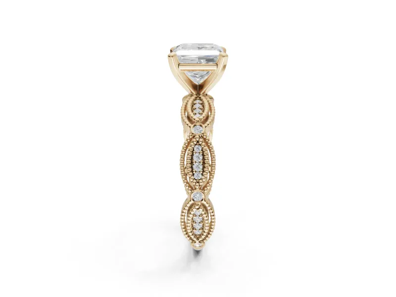 Princess Cut Vintage Milgrain Engagement Ring Setting | Graduated Stations | Yellow Gold
