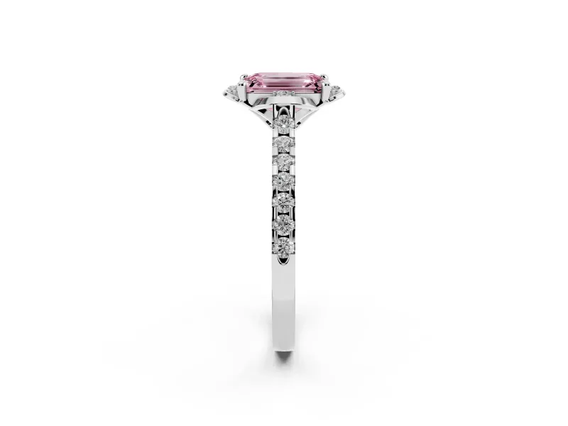 Emerald Cut Floral Engagement Ring Setting for a Fancy Pink Lab-Grown Diamond | Pavé Band | Platinum