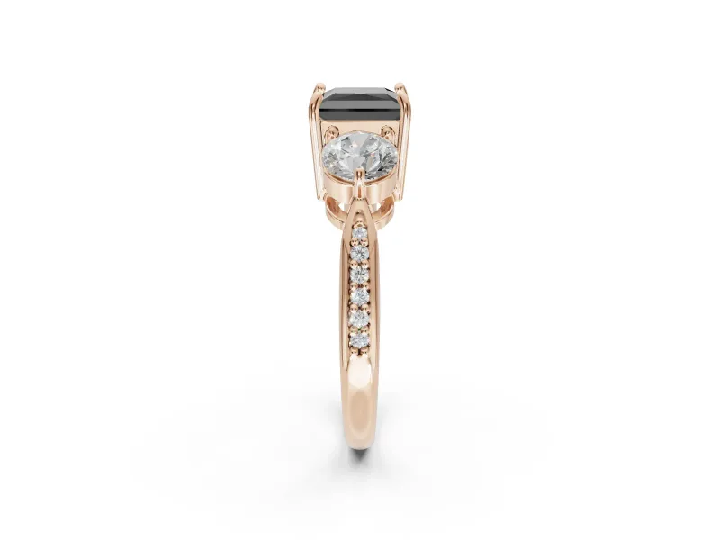 Fancy Black Princess Cut Lab-Grown Diamond Three-Stone Ring Set in Rose Gold with Channel-Set Band and Prong Setting
