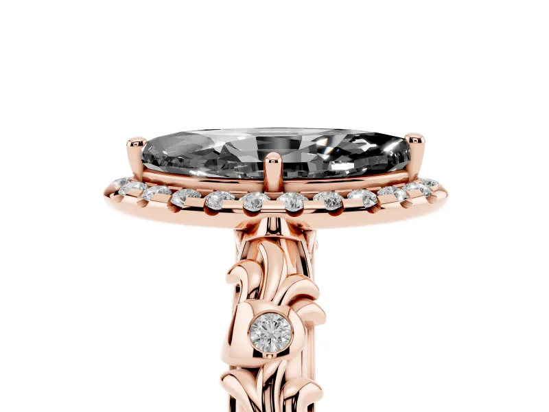 Marquise Leaf Halo Engagement Ring Setting for a Black Center | Bezel Accents | Rose Gold