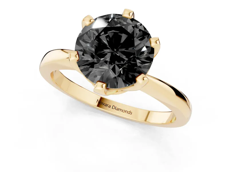Fancy Black Round Cut Diamond Solitaire Engagement Ring Set in Yellow gold with Slim Tapered Solitaire Band