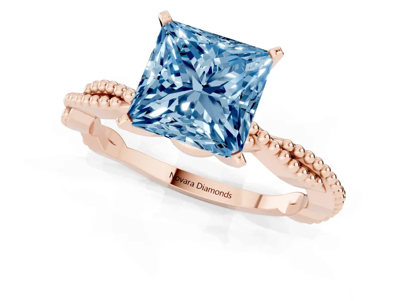 Princess Cut Twisted Engagement Ring Setting for a Fancy Blue Lab-Grown Diamond | Beaded Twist | Rose Gold