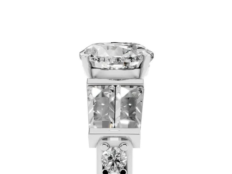 Round Cut Diamond Engagement Ring Set in Platinum with Baguette Side Stones and Channel Set Band