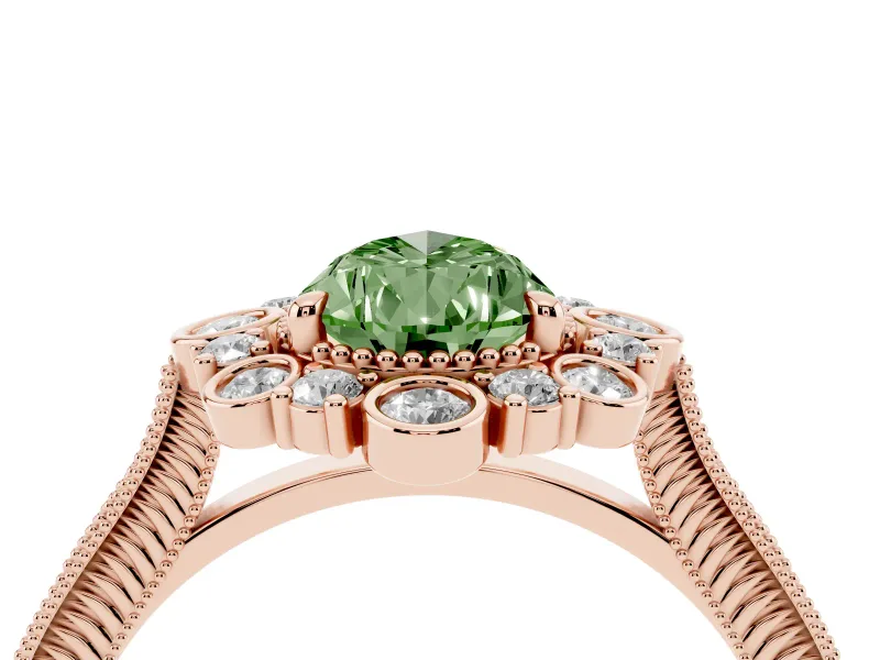Fancy Green Pear Cut Diamond Halo Milgrain Pavé Ring Set in Rose gold with Prong Setting