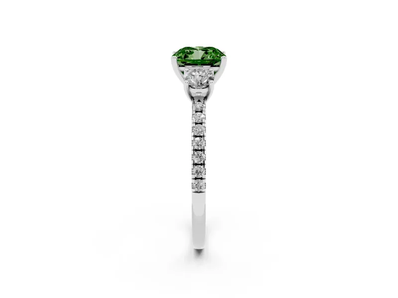 Cushion Cut Three Stone Engagement Ring Setting for a Fancy Green Lab-Grown Diamond | Pave Shoulders | White Gold