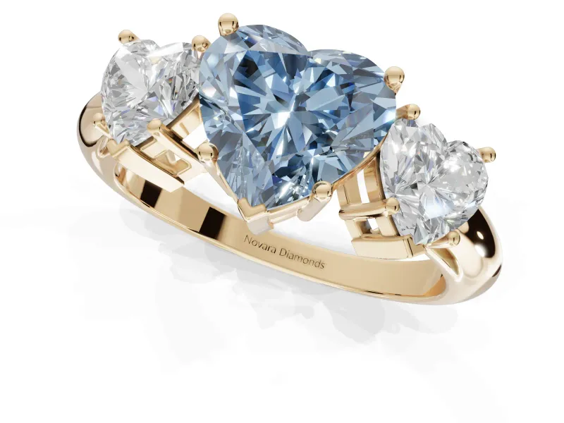 Heart-Shaped Three Stone Engagement Ring Setting for a Fancy Blue Lab-Grown Diamond | Plain Band | Yellow Gold