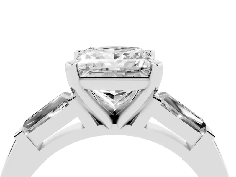 Princess Cut Diamond Solitaire Ring Set in White gold with Tapered Baguette Side Stones and Prong Setting