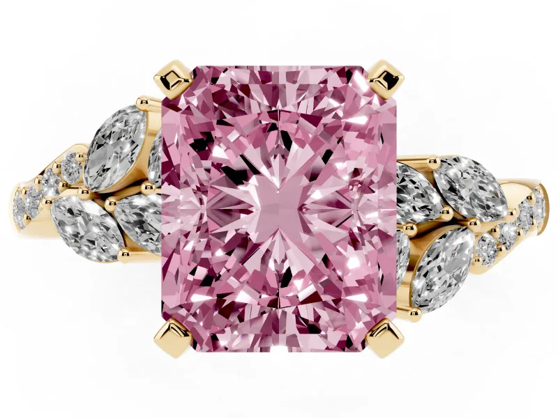 Radiant Cut Floral Engagement Ring Setting for a Fancy Pink Lab-Grown Diamond | Marquise Side Stones | Yellow Gold