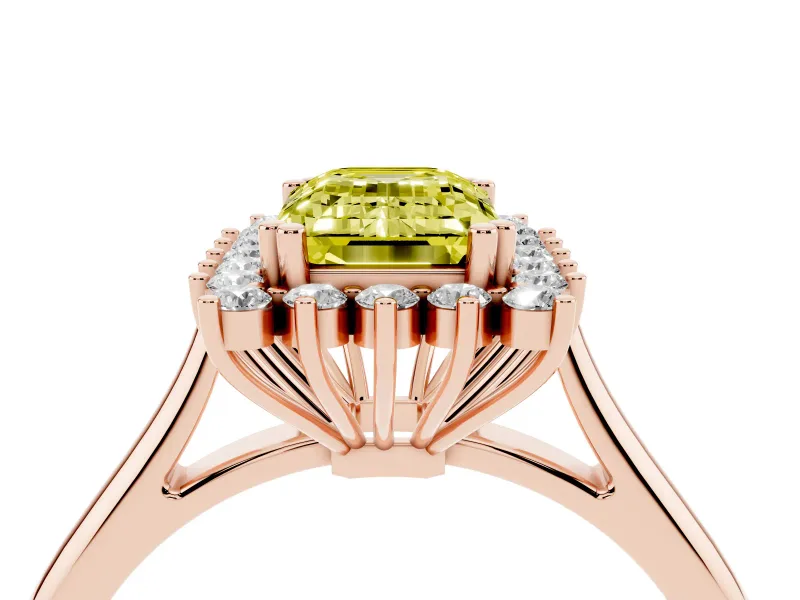 Emerald Cut Starburst Halo Engagement Ring Setting for a Fancy Yellow Lab-Grown Diamond | Rose Gold
