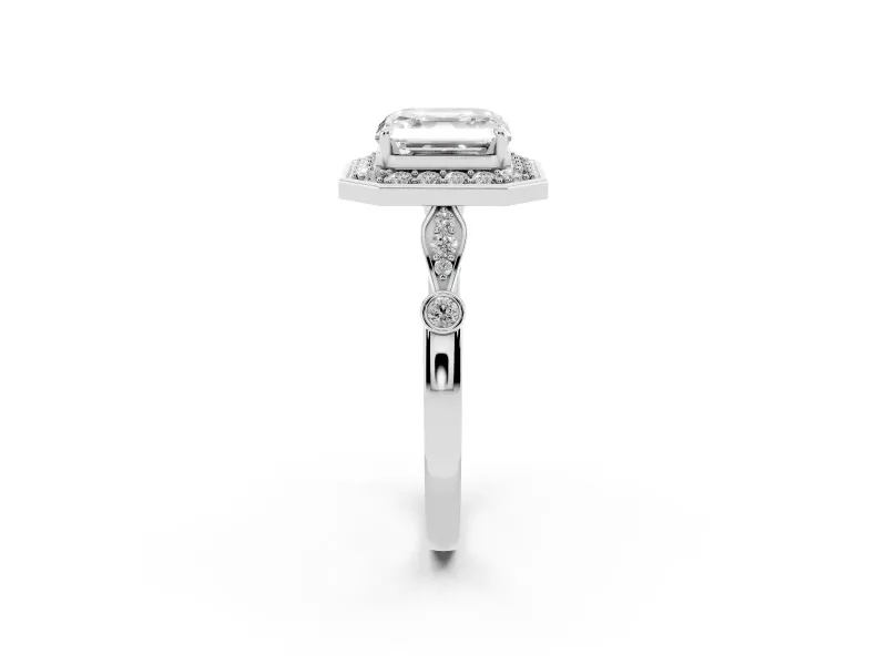 Asscher Cut Vintage Halo Engagement Ring Setting | Bezel Station Shoulders | White Gold