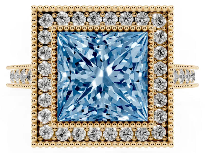 Princess Cut Vintage Milgrain Halo Engagement Ring Setting for a Fancy Blue Lab-Grown Diamond | Bezel Head | Yellow Gold