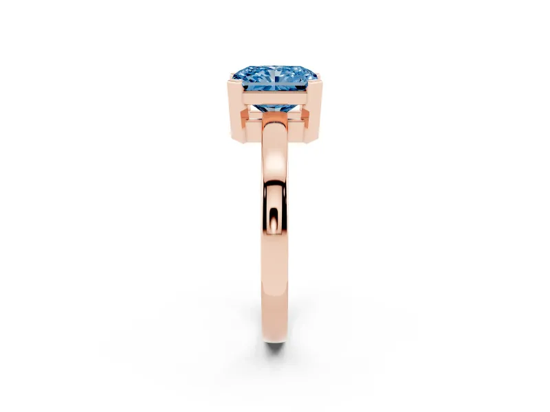Fancy Blue Radiant Cut Diamond Solitaire Ring Set in Rose gold with Prong Head and Smooth Polished Band