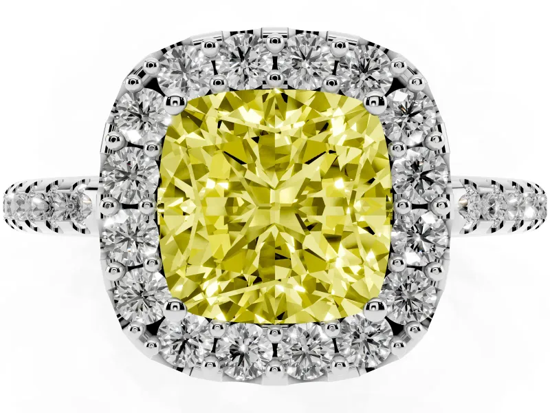Cushion Cut Pave Halo Engagement Ring Setting for a Fancy Yellow Lab-Grown Diamond | Pave Band | White Gold