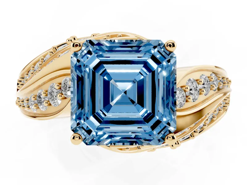 Asscher Cut Bypass Hidden Halo Engagement Ring Setting for a Fancy Blue Lab-Grown Diamond | Graduated Pavé | Yellow Gold