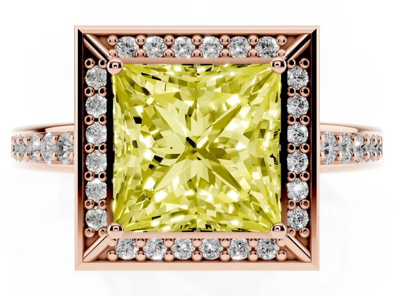 Fancy Yellow Princess Cut Diamond Halo Pavé Split Shank Ring Set in Rose gold with Prong Setting