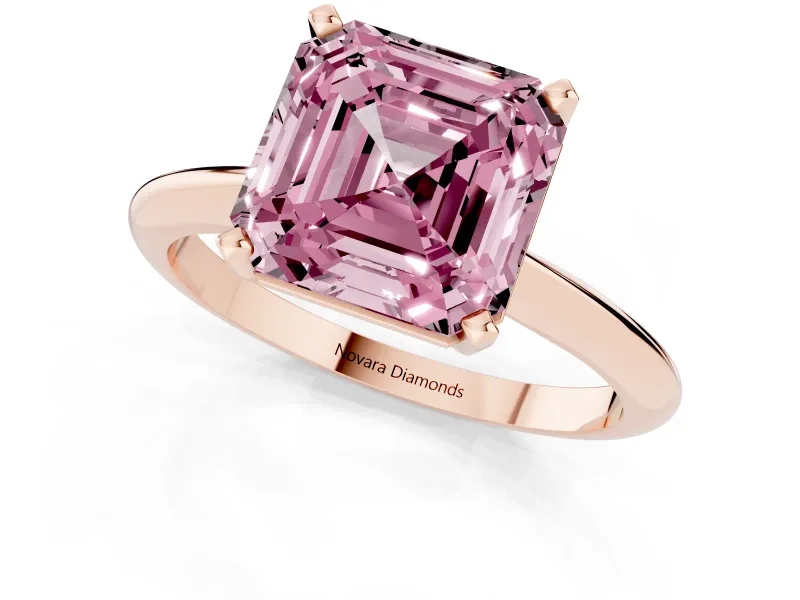 Fancy Pink Asscher Cut Diamond Solitaire Ring Set in Rose gold with Prong Setting on a Plain Round Band
