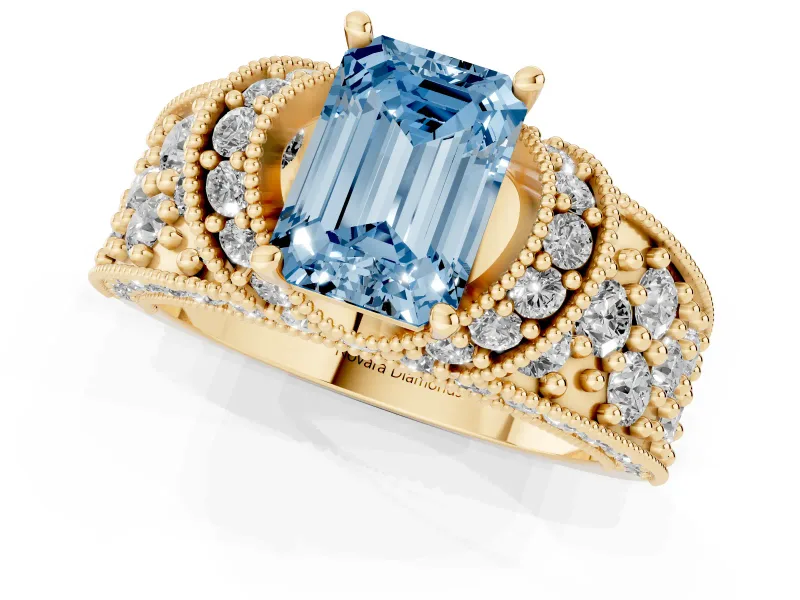 Emerald Cut Vintage Pave Engagement Ring Setting for a Fancy Blue Lab-Grown Diamond | Milgrain Edges | Yellow Gold