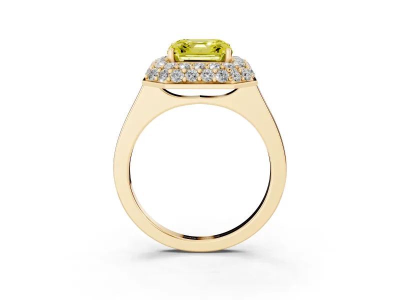Fancy Yellow Asscher Cut Diamond Halo Engagement Ring Set in Yellow gold with Solitaire Band and Prong Setting