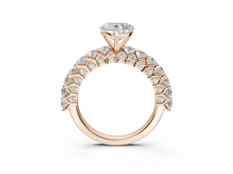 Heart-Shaped Shared Prong Engagement Ring Setting | Two-Row Band | Rose Gold