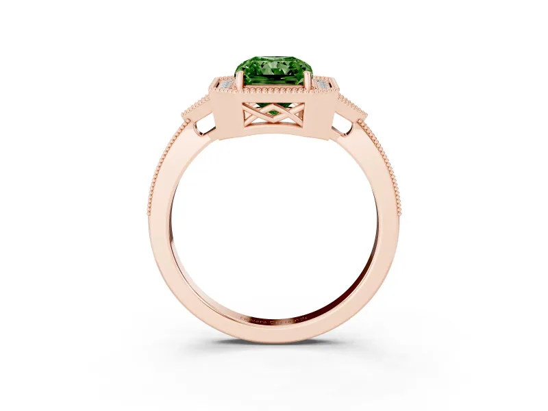 Radiant Cut Milgrain Halo Engagement Ring Setting for a Fancy Green Lab-Grown Diamond | Graduated Pavé | Rose Gold