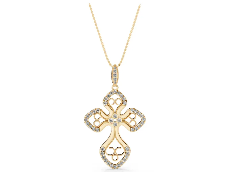 Round Lab-Grown Diamond Graduated Filigree Cross Pendant Necklace | Milgrain Edges | Yellow Gold
