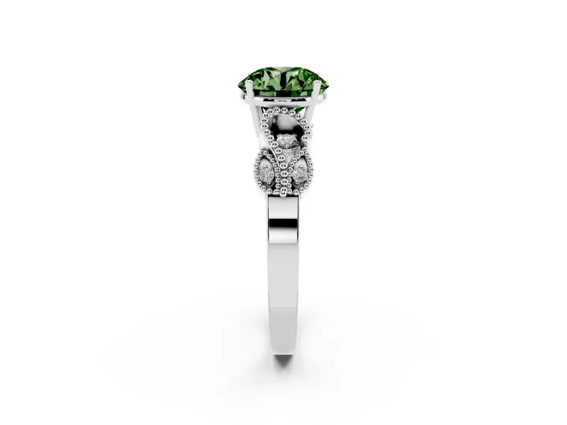 Fancy Green Round Cut Diamond Milgrain Leaf Band Solitaire Ring Set in Silver with Accent Stones and Prong Setting