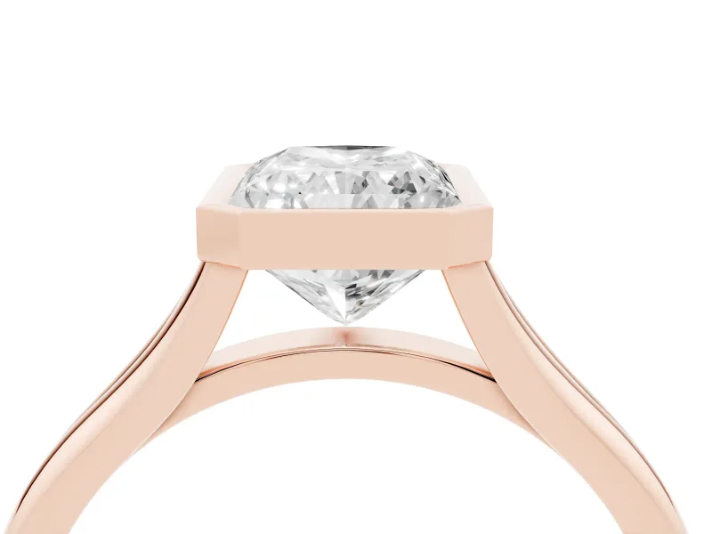 Bezel Set Radiant Cut Diamond Solitaire Ring Set in Rose gold with Tapered Band