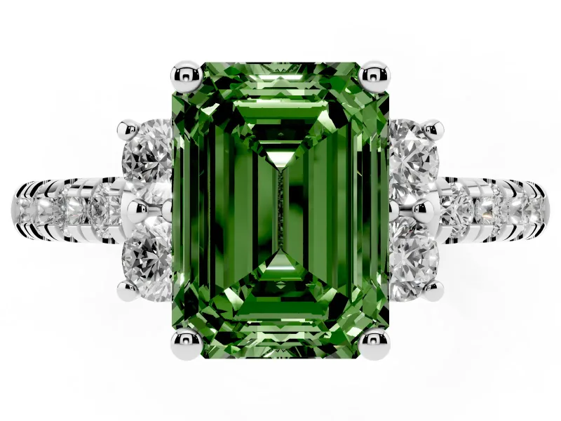 Emerald Cut Side Stone Engagement Ring Setting for a Fancy Green Lab-Grown Diamond | Pave Band | White Gold