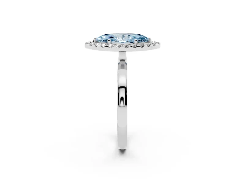 Fancy Blue Marquise Cut Diamond Halo Solitaire Ring Set in Platinum with Pavé Band and Prong Setting