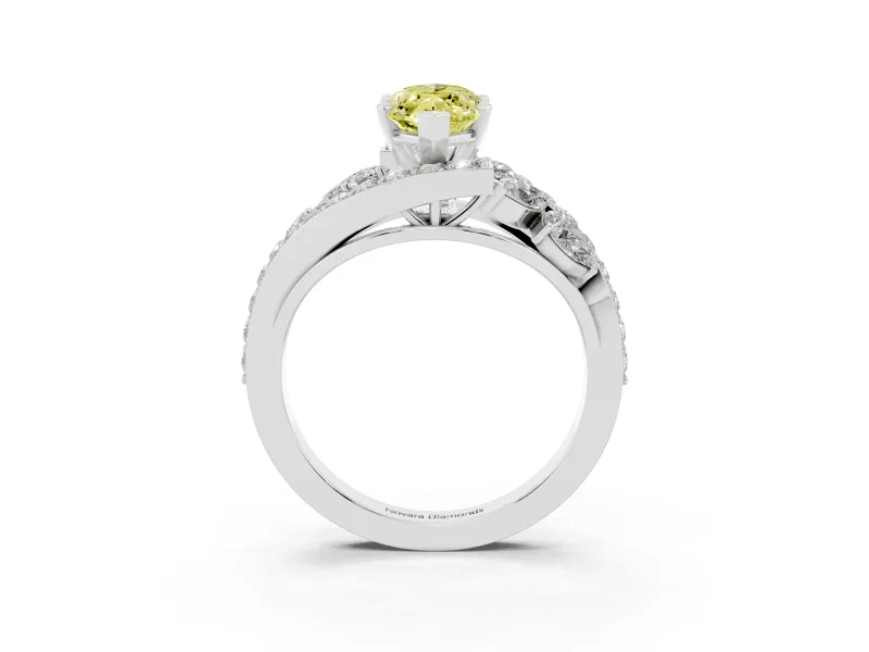 Fancy Yellow Marquise Cut Diamond Halo Ring Set in White gold with Marquise and Pavé Band in Prong Setting