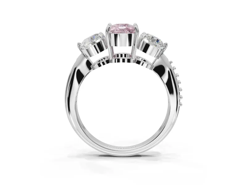 Cushion Cut Three Stone Engagement Ring Setting for a Fancy Pink Lab-Grown Diamond | Tapered Pave Band | Platinum
