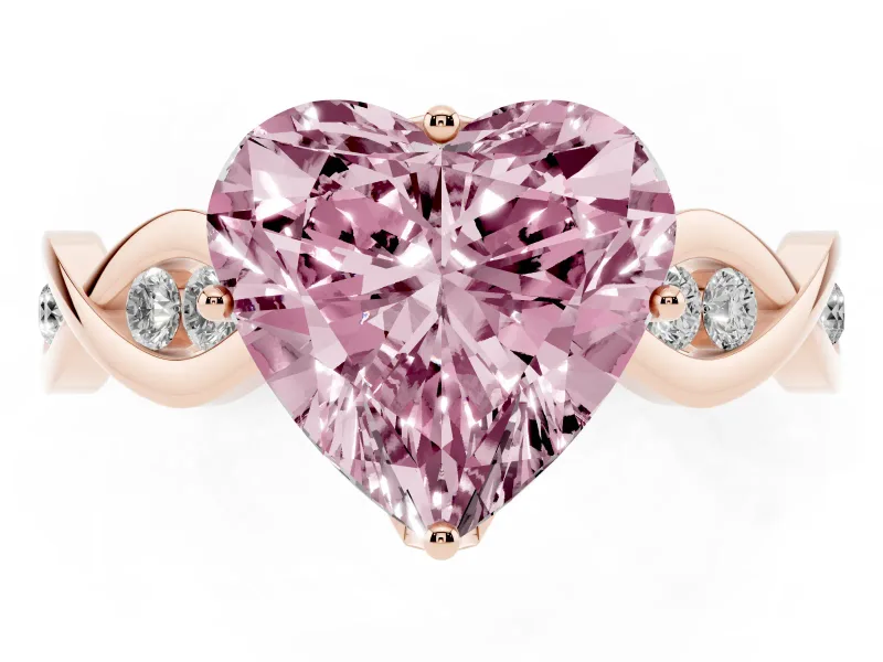 Fancy Pink Heart Cut Diamond Twist Band Solitaire Ring Set in Rose gold with Leaf Prong Setting and Accent Stones